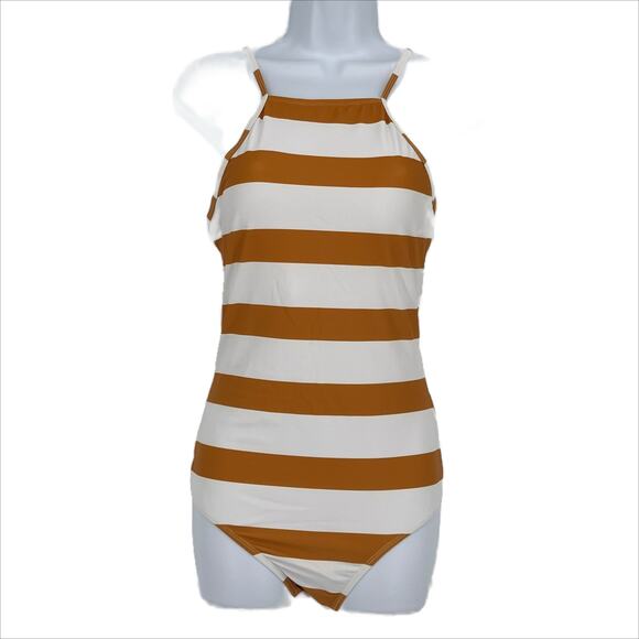 Swimsuit One Piece Halter Large Stripe in Dark Yellow and White Size Large - Picture 1 of 5